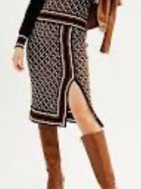 Nine West Brown Patterned Knit Pencil Skirt with Black and White Stripe